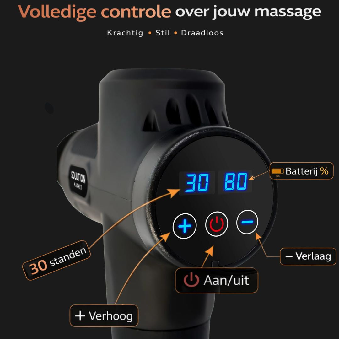 SolutionMarket® – Professionele Massage Gun – 30 Snelheden – 6 Opzetstukken – LCD Display – Inclusief Koffer – Krachtige Diepe Spiermassage – 3200 RPM