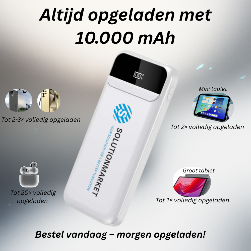 SolutionMarket® Powerbank 10.000 mAh – 22.5W Snellader - USB-A/USB-C - Digitale LED display - Universele Powerbanks Geschikt voor iOS/Android - Wit