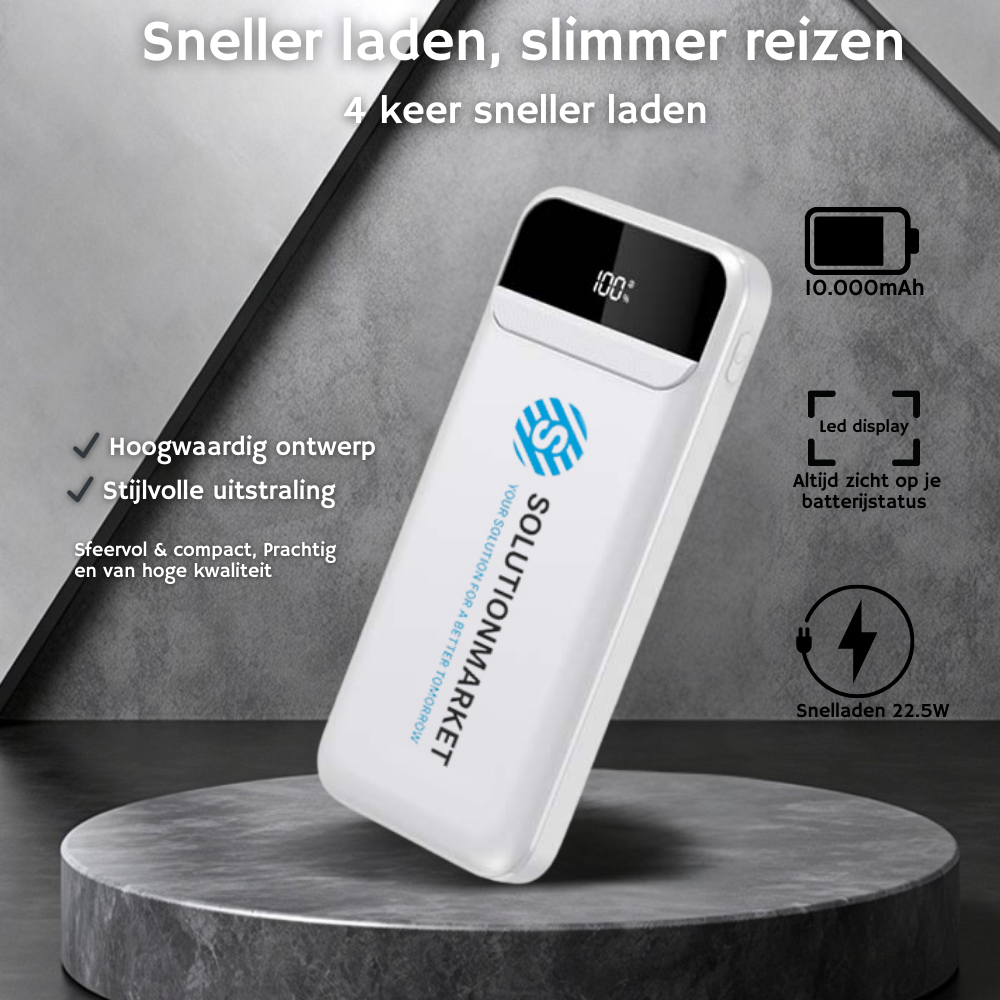 SolutionMarket® Powerbank 10.000 mAh – 22.5W Snellader - USB-A/USB-C - Digitale LED display - Universele Powerbanks Geschikt voor iOS/Android - Wit